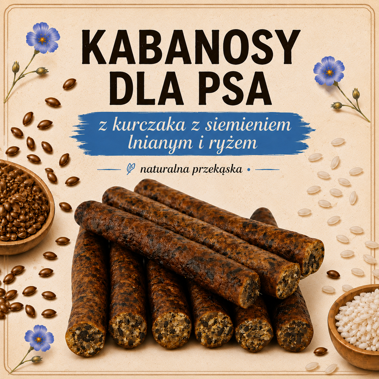 Kabanosy dla psów z kurczaka z ryżem i siemieniem lnianym 200g
