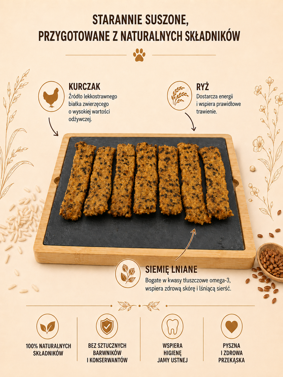 Paski mięsne z kurczaka z ryżem i siemieniem lnianym 100g - obrazek 2
