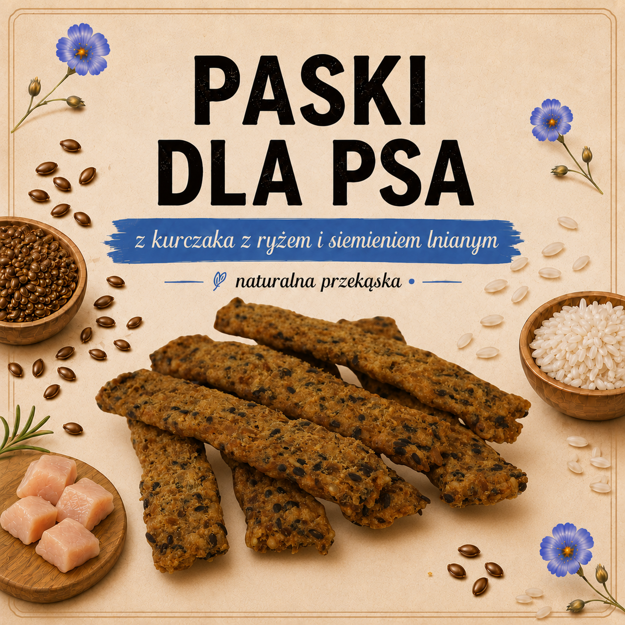 Paski mięsne z kurczaka z ryżem i siemieniem lnianym 100g
