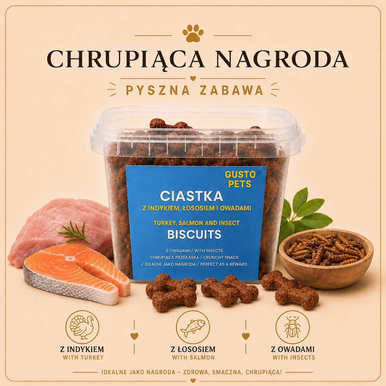 Ciastka z indykiem, łososiem i owadami 450g