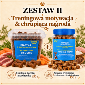 Jesienny zestaw II GUSTO PETS – 1× Ciastka z kaczką i marchewką 450g, 1× Smaczki treningowe z indyka, ryżu i siemienia lnianego 150g