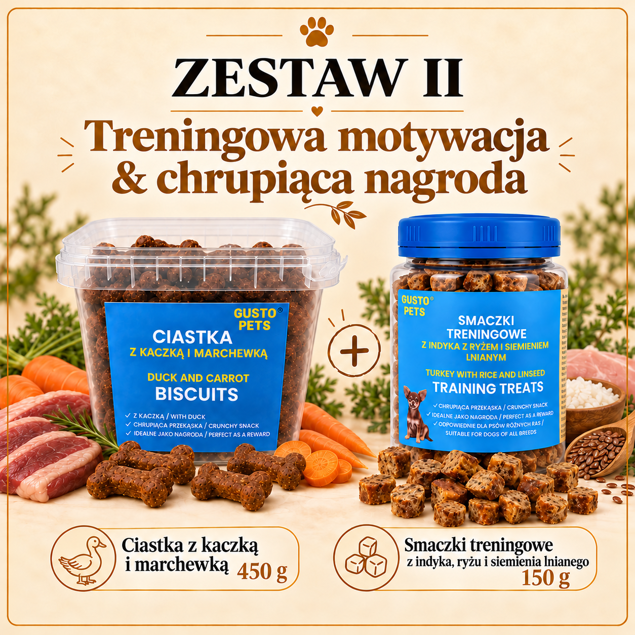 Jesienny zestaw II GUSTO PETS – 1× Ciastka z kaczką i marchewką 450g, 1× Smaczki treningowe z indyka, ryżu i siemienia lnianego 150g
