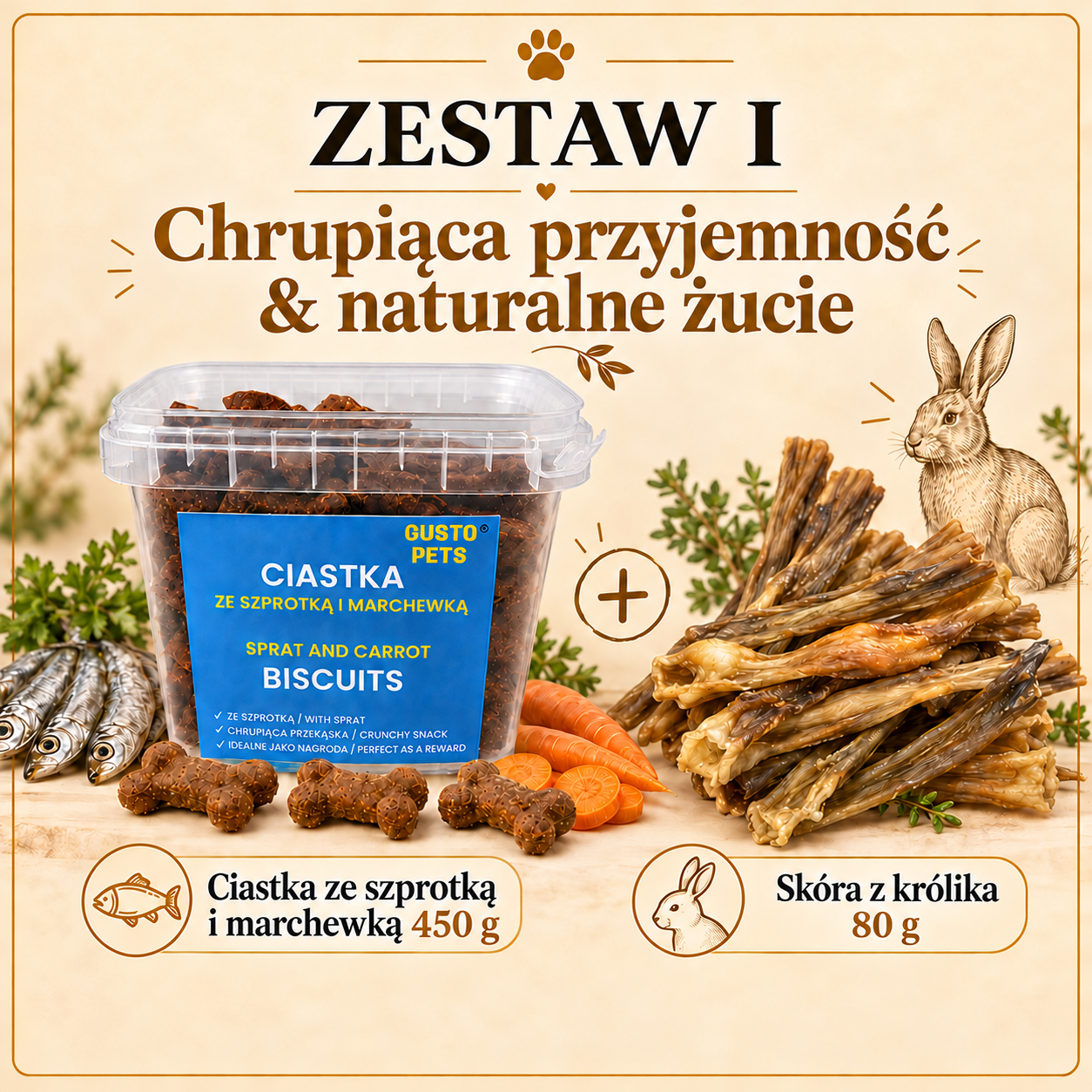 Jesienny zestaw I GUSTO PETS - 1 × Ciastka ze szprotką i marchewką 450 g, 1 × Skóra z królika 80 g